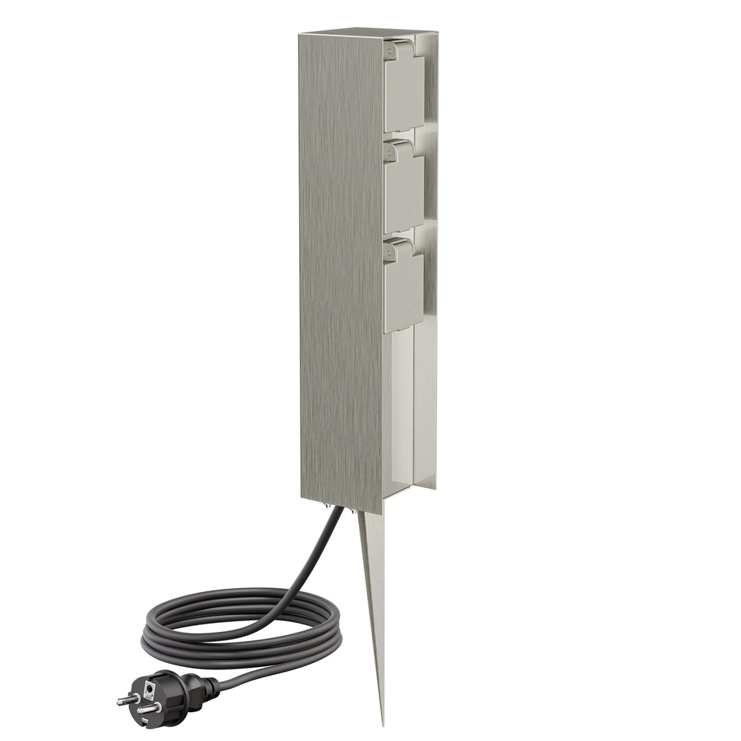 ledscom.de Garten-Steckdosen-Säule POMI mit Erdspiess und 2m Kabel für aussen, IP44, 3-Fach, Edelsta
