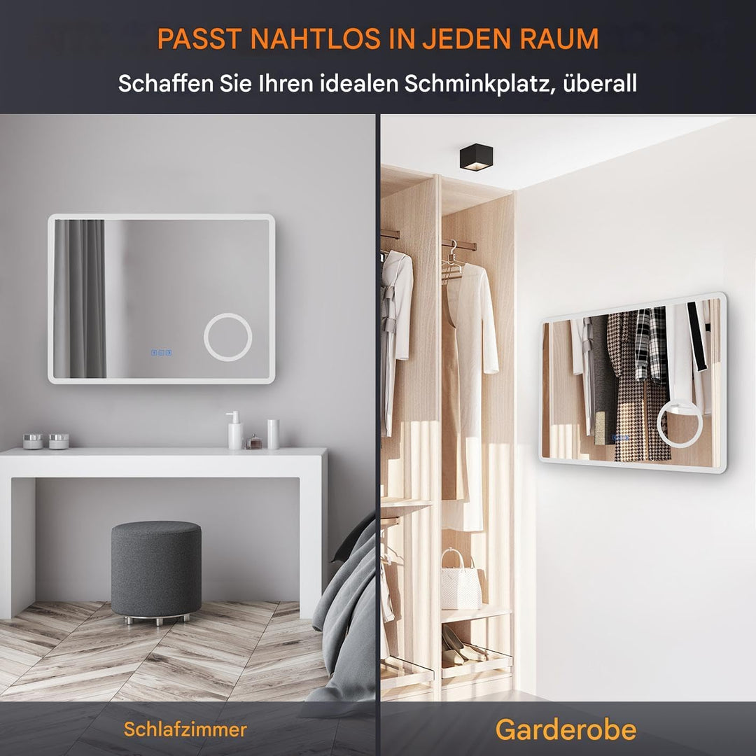 LED Badspiegel 80 x 60 cm Wandspiegel Bad mit Beleuchtung, 3 Farbe modi+Stufenlose Dimmung, Steckdos