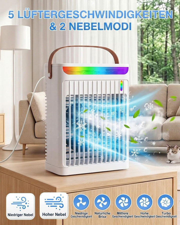Luftkühler mit Verdunstungskühlung, Mini Klimaanlage, 4-In-1 700ml Mini Air Conditioner Mit 2-/4-/6-