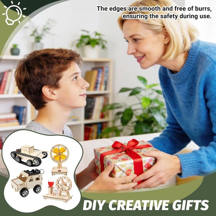 4 Stück Experimente für Kinder, Elektronik Baukasten DIY STEM Spielzeug, Holz Wissenschaft Bausatz S