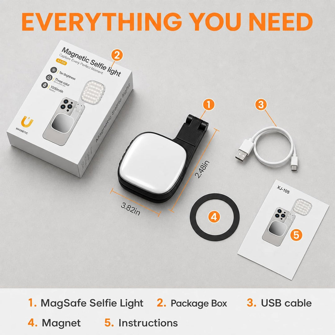 Magnetisches 3-in-1 Selfie Licht Mit Spiegel, 1000mAh Akku 48 LEDs & 10 Helligkeitsstufen (3000K-650