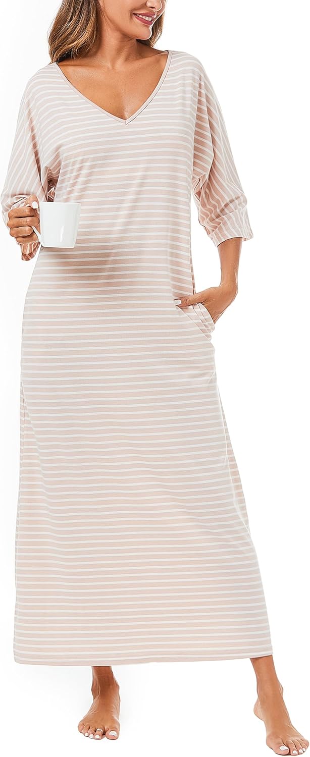 Uniexcosm Nachthemd Damen Lange Baumwolle 3/4 Ärmel Nachtkleid Nachtwäsche V-Ausschnitt Freizeitklei