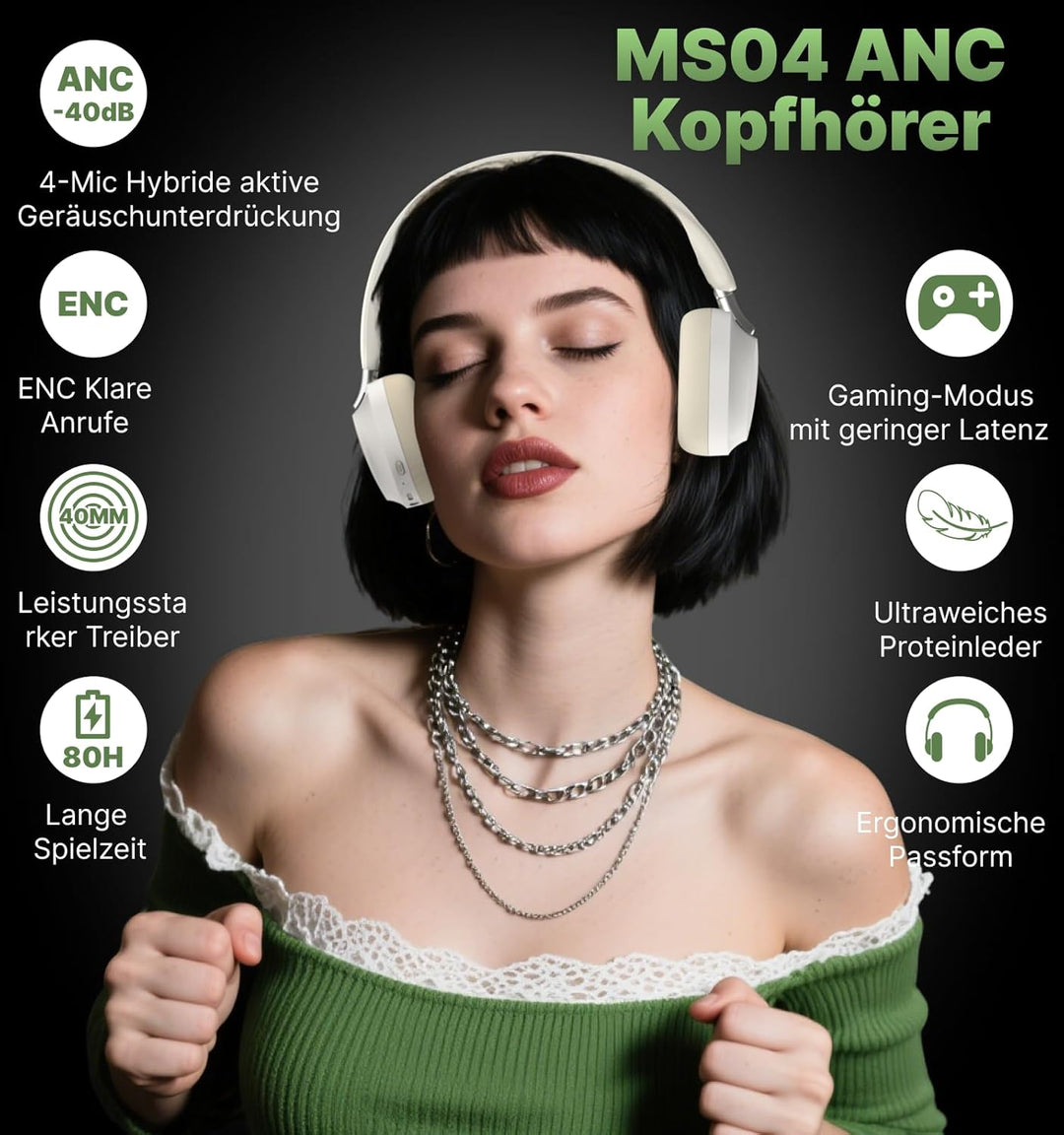 Hmusic MS04 4-Mic Aktive Noise Cancelling-Kopfhörer, 2 Mic ENC, 80H Spielzeit, Over-Ear-Bluetooth-Ko