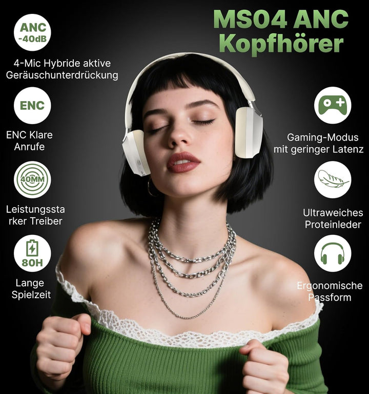 Hmusic MS04 4-Mic Aktive Noise Cancelling-Kopfhörer, 2 Mic ENC, 80H Spielzeit, Over-Ear-Bluetooth-Ko