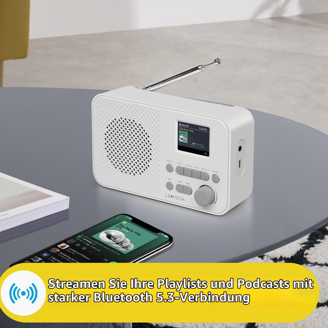 Tragbares DAB+-Radio mit Bluetooth | Wiederaufladbarer Akku mit 15 Stunden Spielzeit oder Netzbetrie
