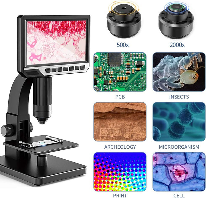 Digitales Mikroskop mit LCD-Display 7 Zoll (17.8 cm) Doppelobjektiv, 500 – 2000 X Kamera mit 12 MP u