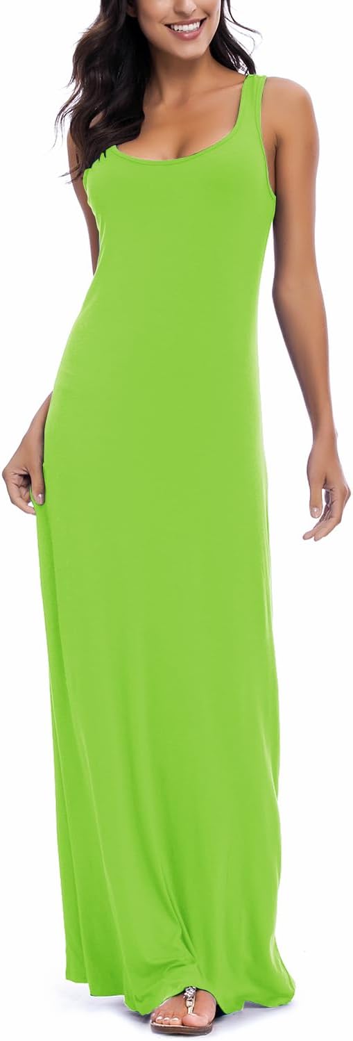 Damen Sommer Leichte Ärmellos Strand Maxi Kleid Elegant Elastisch Tunika Lang Kleider, Bright Green