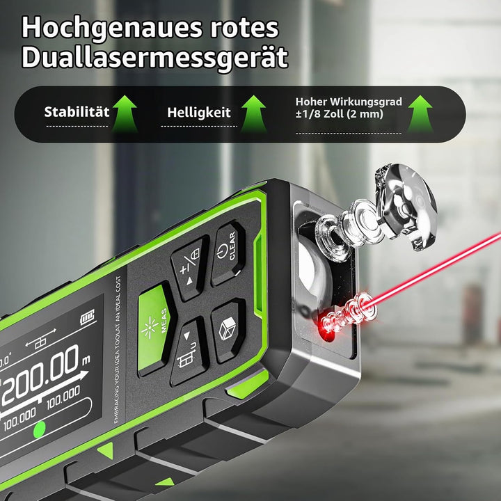 Dual Laser Entfernungsmesser, Huepar 200M Rot Laser Messgerät Entfernungsmesser mit Laser, hintergru