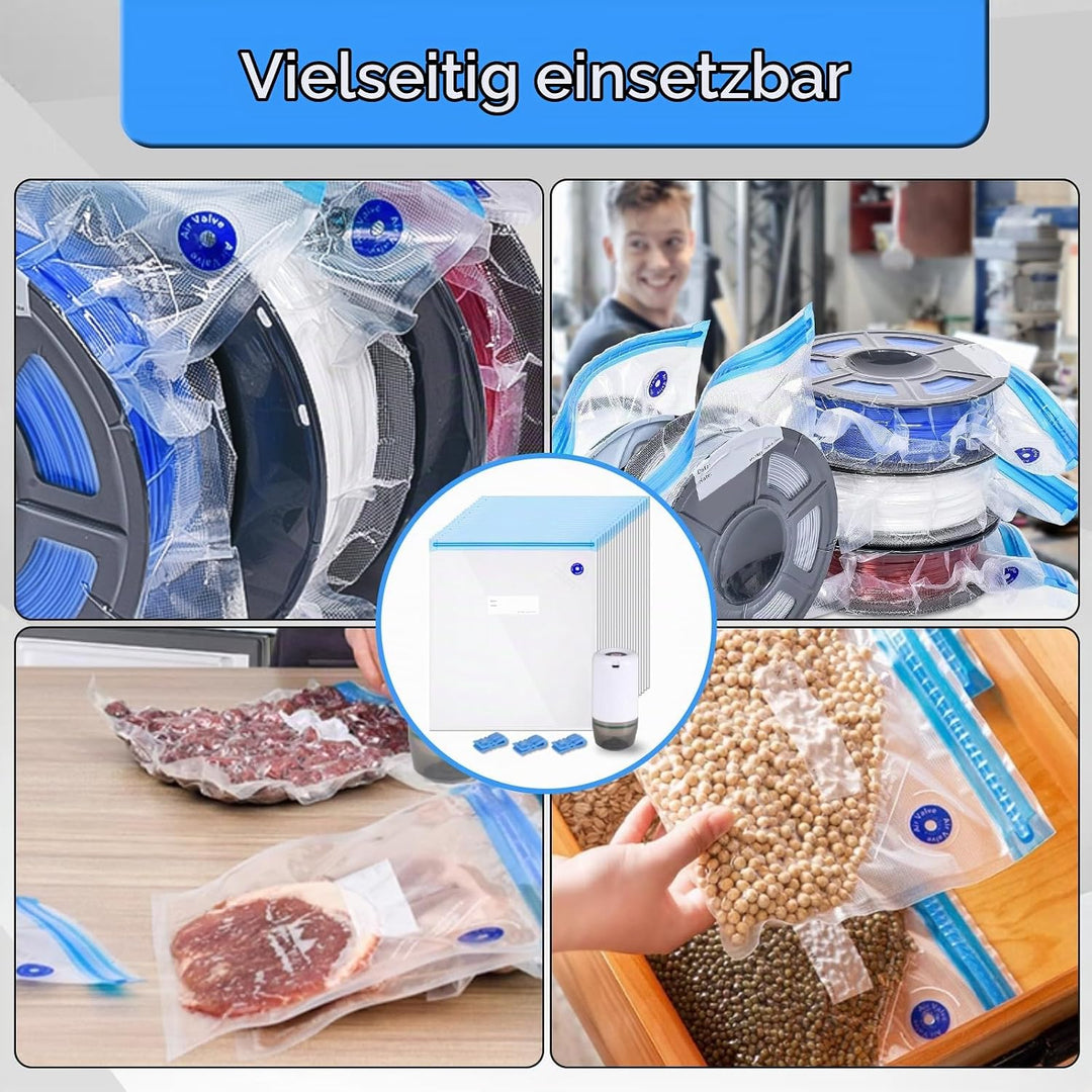 Vakuum Aufbewahrung Set für 3D Druck Filamente, USB Vakuumpumpe mit 20 Stück wiederverwendbare Vakuu