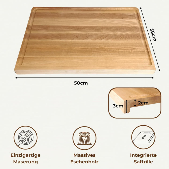 INNOVAHOME Backbrett Esche 50x35 cm - Profi Nudelbrett Knetbrett Holzbrett | Anschlagkante Stopperfu