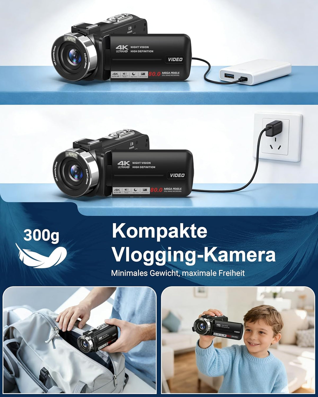 Videokamera Camcorder 4K 80MP mit IR Nachtsicht, HD 30FPS 18X Digitalzoom Webcam Videokameras, 3,0-Z