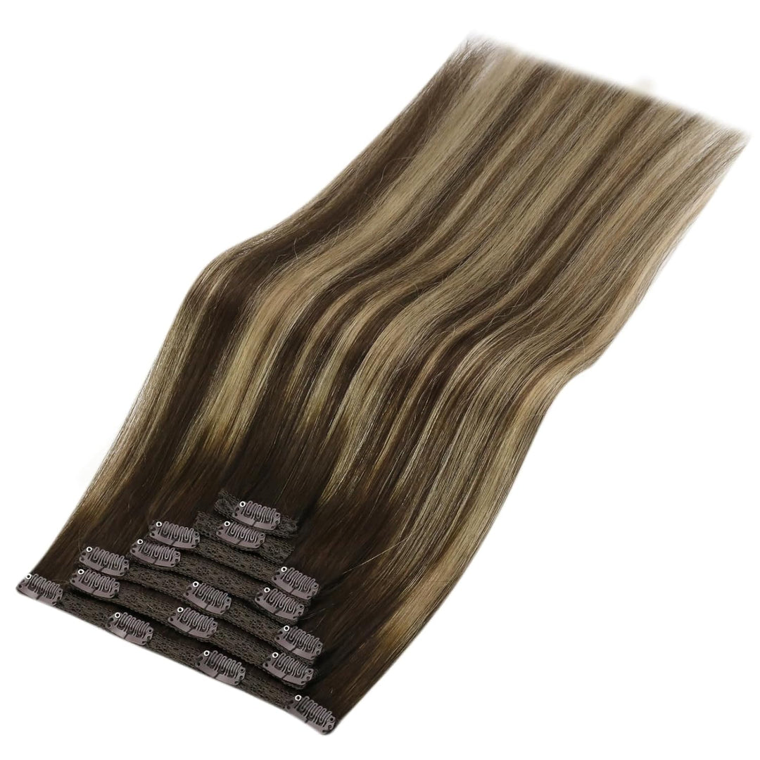 YoungSee Clip in Extensions Echthaar Ombre 30cm Echthaar Extensions Clip Dunkelbraun Balayage Karame