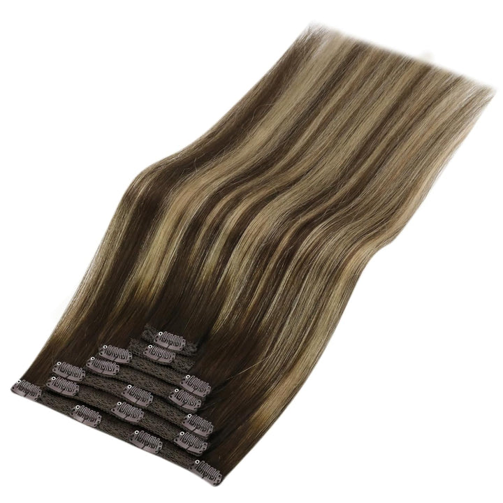 YoungSee Clip in Extensions Echthaar Ombre 30cm Echthaar Extensions Clip Dunkelbraun Balayage Karame