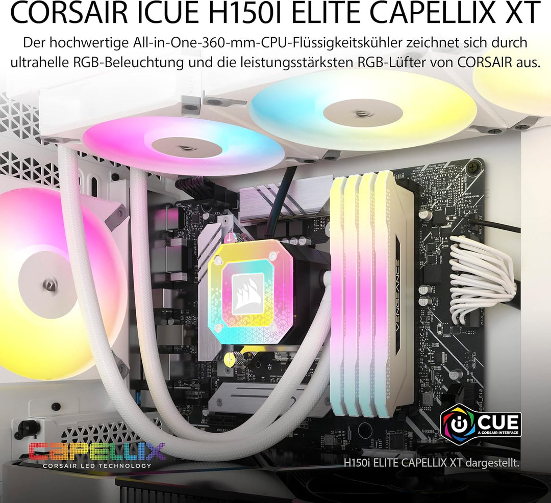 Corsair iCUE H150i Elite CAPELLIX XT Flüssig-CPU-Kühler - DREI AF120 RGB Elite-Lüfter - 360-mm-Radia