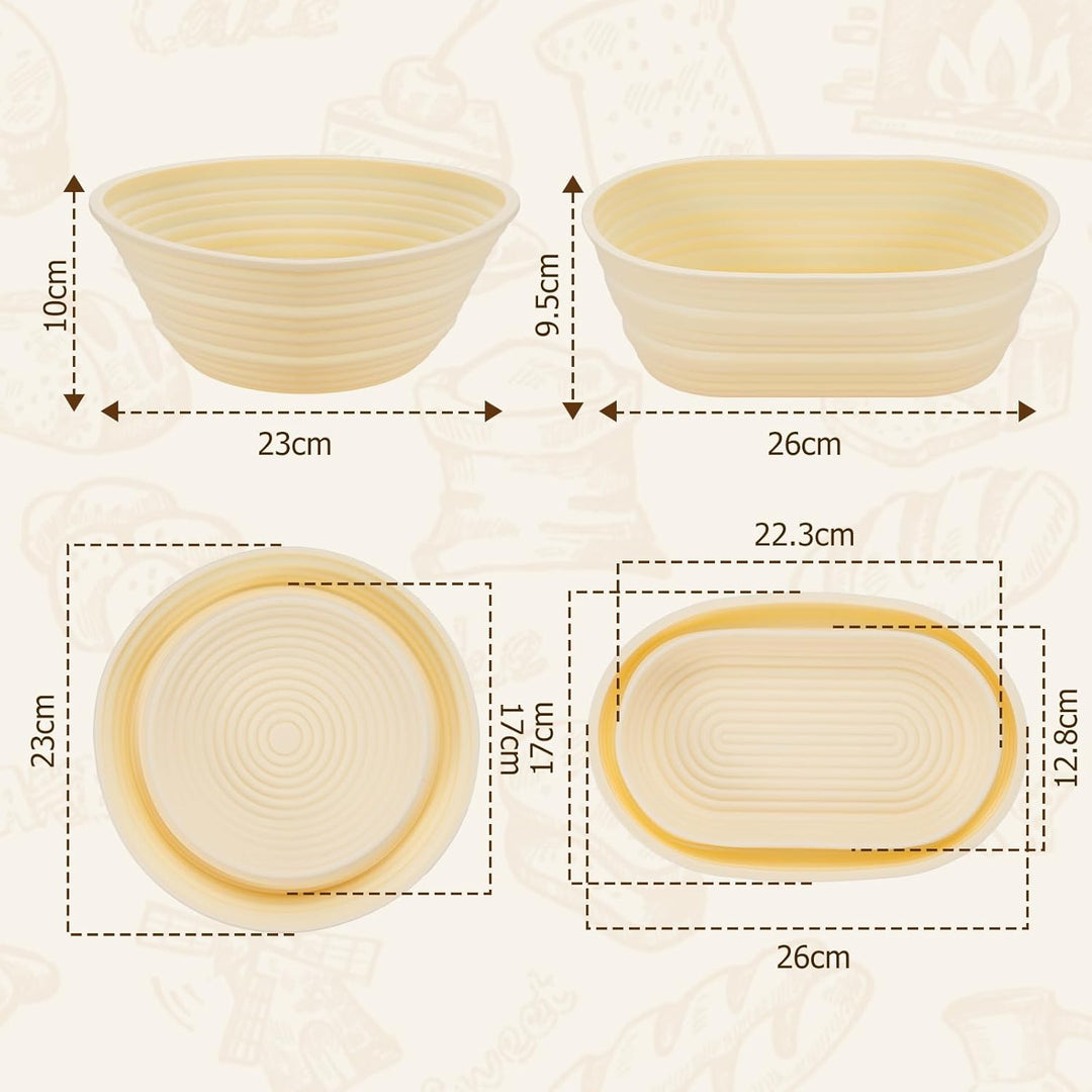 Brotgärkorb Set 10 teilig Silikon – rund 23cm & oval 25cm Gärkorb für Sauerteig, Brotbackset mit Tei