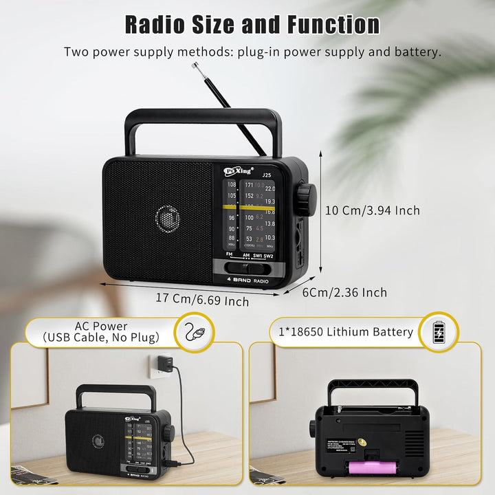 Tragbares FM AM Radio, Netz- und Akku-Radio für Zuhause oder Outdoor, kleine Tasche mit ausgezeichne