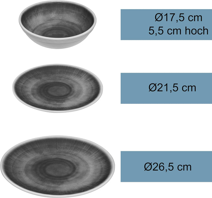 Melamin Geschirr Set Jesolo Grau für 6 Personen Steingutoptik Spülmaschinengeeignet Essgeschirr Camp