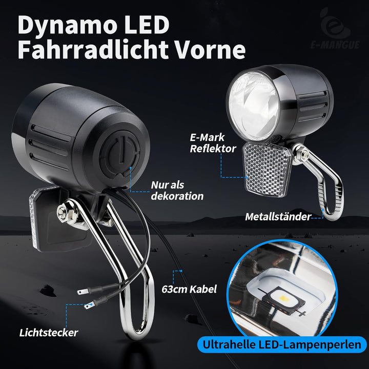 E-Bike LED Fahrradlicht Dynamo Vorne mit Lichtautomatik Standlicht, 60 LUX StVZO Zugelassen Dynamo F