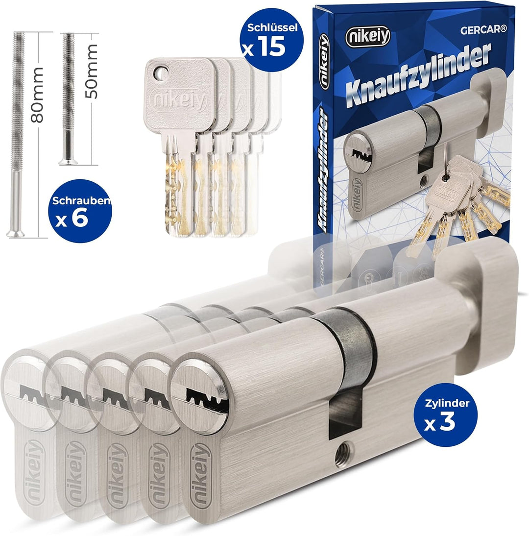 GERCAR Pro 3x Knaufzylinder 30/30 gleichschliessend Set 3 Schliesszylinder mit Knauf inkl. 15 Schlüs