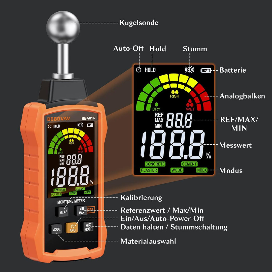 Feuchtigkeitsmessgerät Wand 5 Modi, Feuchtigkeitsmesser Zerstörungsfrei 40mm Tiefe, Feuchtemessgerät