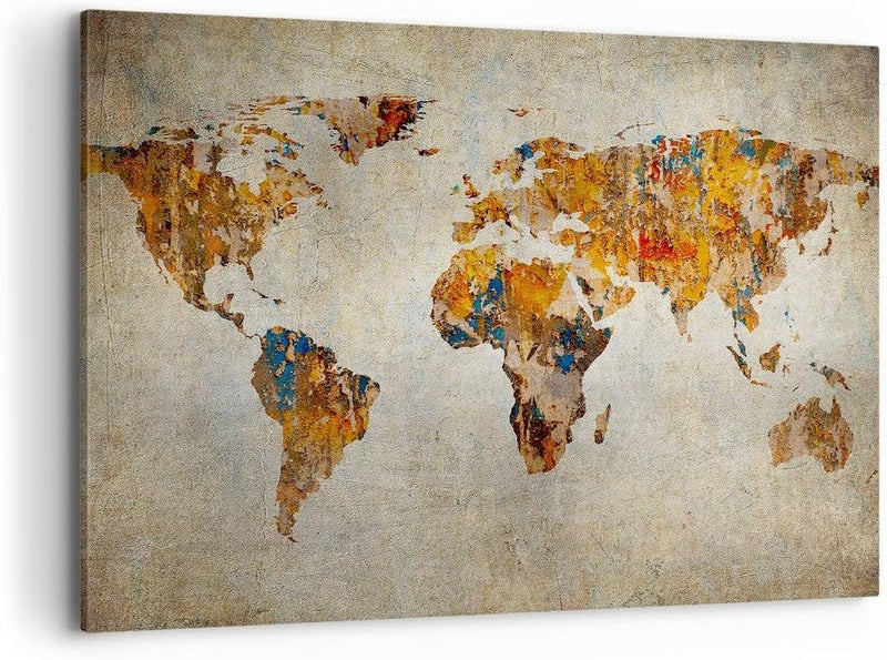 Bilder auf Leinwand 100x70cm Leinwandbild Welt Karte Kontinente Geographie Gross Wanddeko Bild Schla