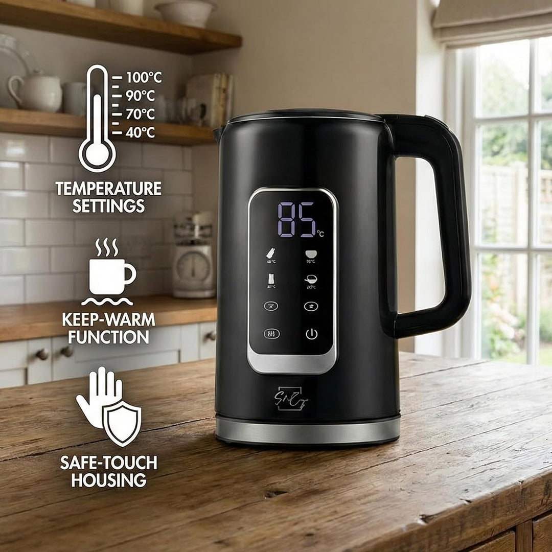 Siberg LCD Wasserkocher 1,7L – Edelstahl, Digitales Farb-Touch-Display, 13 Temperaturstufen, Warmhal