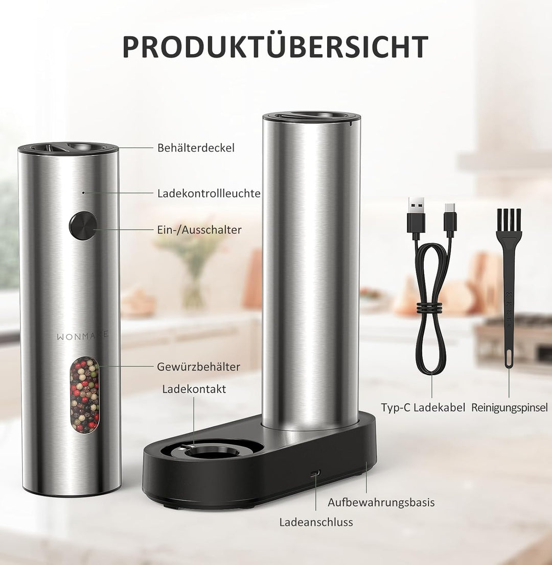 WONMAKE Salz und Pfeffermühle Elektrisch, Elektrische Pfeffermühle Mühle Set Edelstahl mit USB-C Dua
