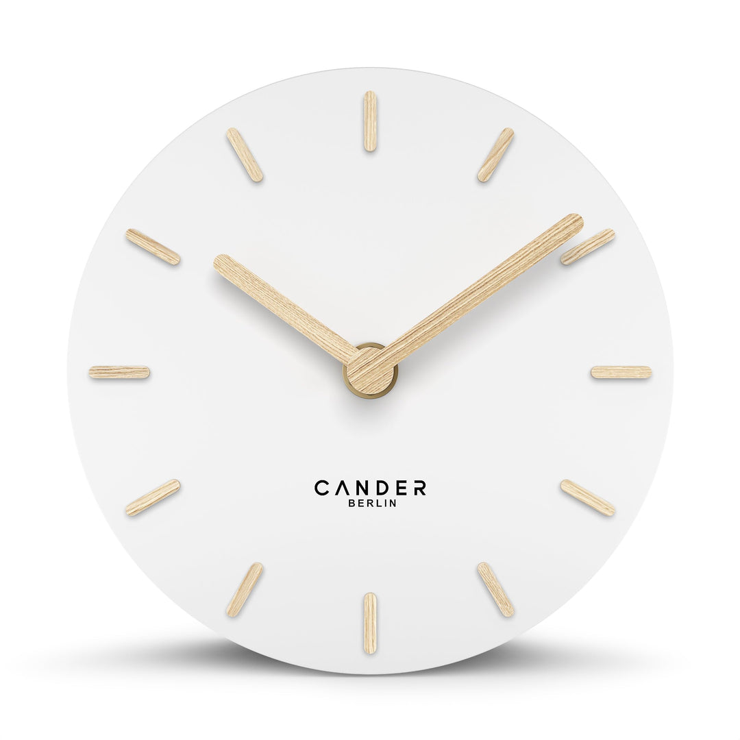 Cander Berlin MNU 2515 F Tischuhr lautlos ohne Ticken 15 cm analog batteriebetrieben weiss MDF Holz-