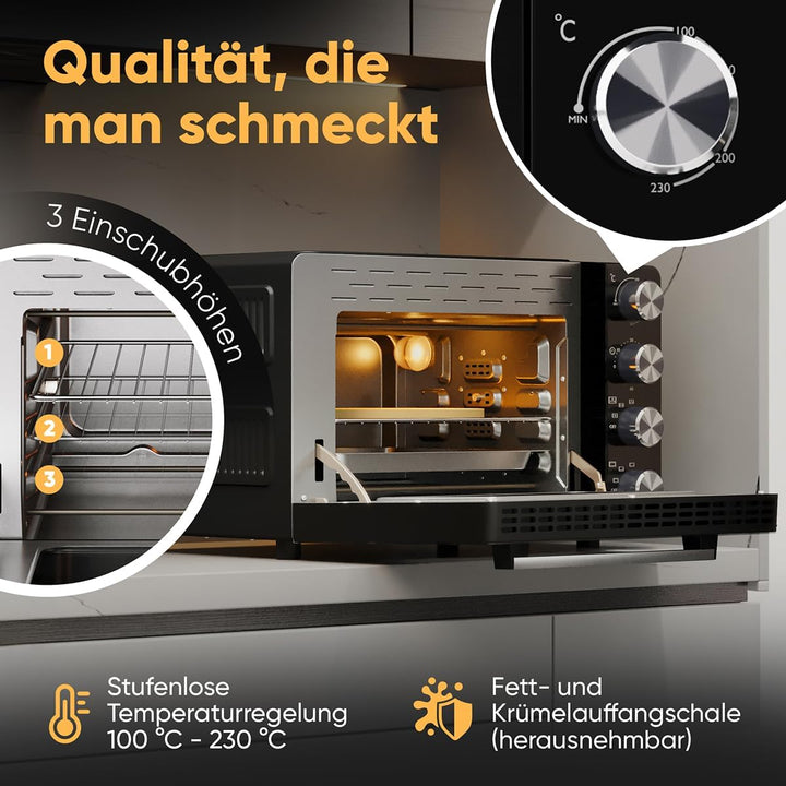 ProfiCook Minibackofen 30L | Umluft + Ober-/Unterhitze | Mini Backofen mit Drehspiess und Pizzastein