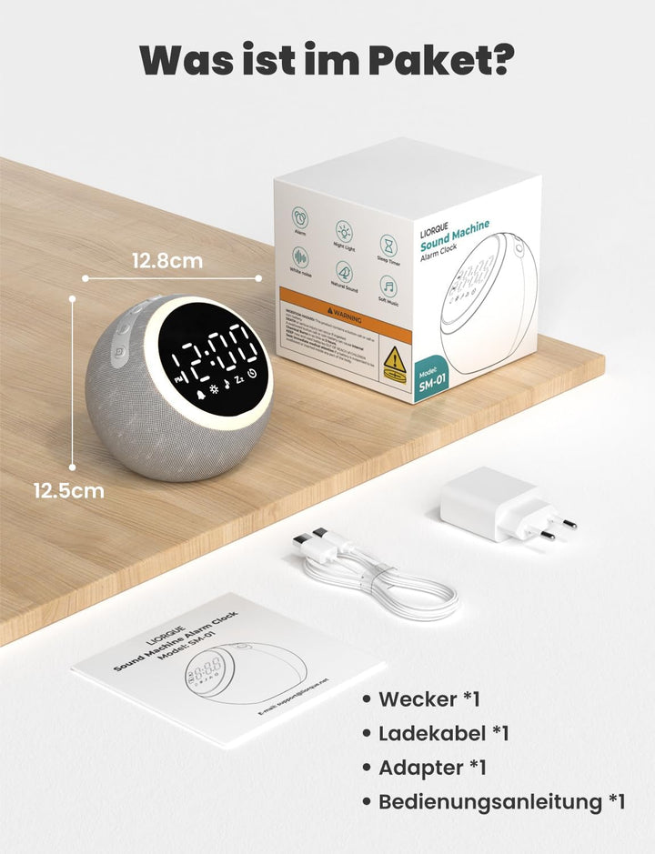 LIORQUE White Noise Machine mit Wecker, 25 beruhigende Schlafgeräusche, einstellbarer Bildschirm, Na