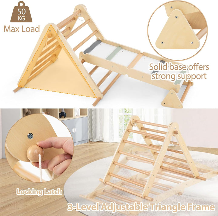 HOMASIS 3 in 1 Kletterdreieck mit Kletterleiter & Wippe, Holz Klettergerüst Indoor mit doppelseitige