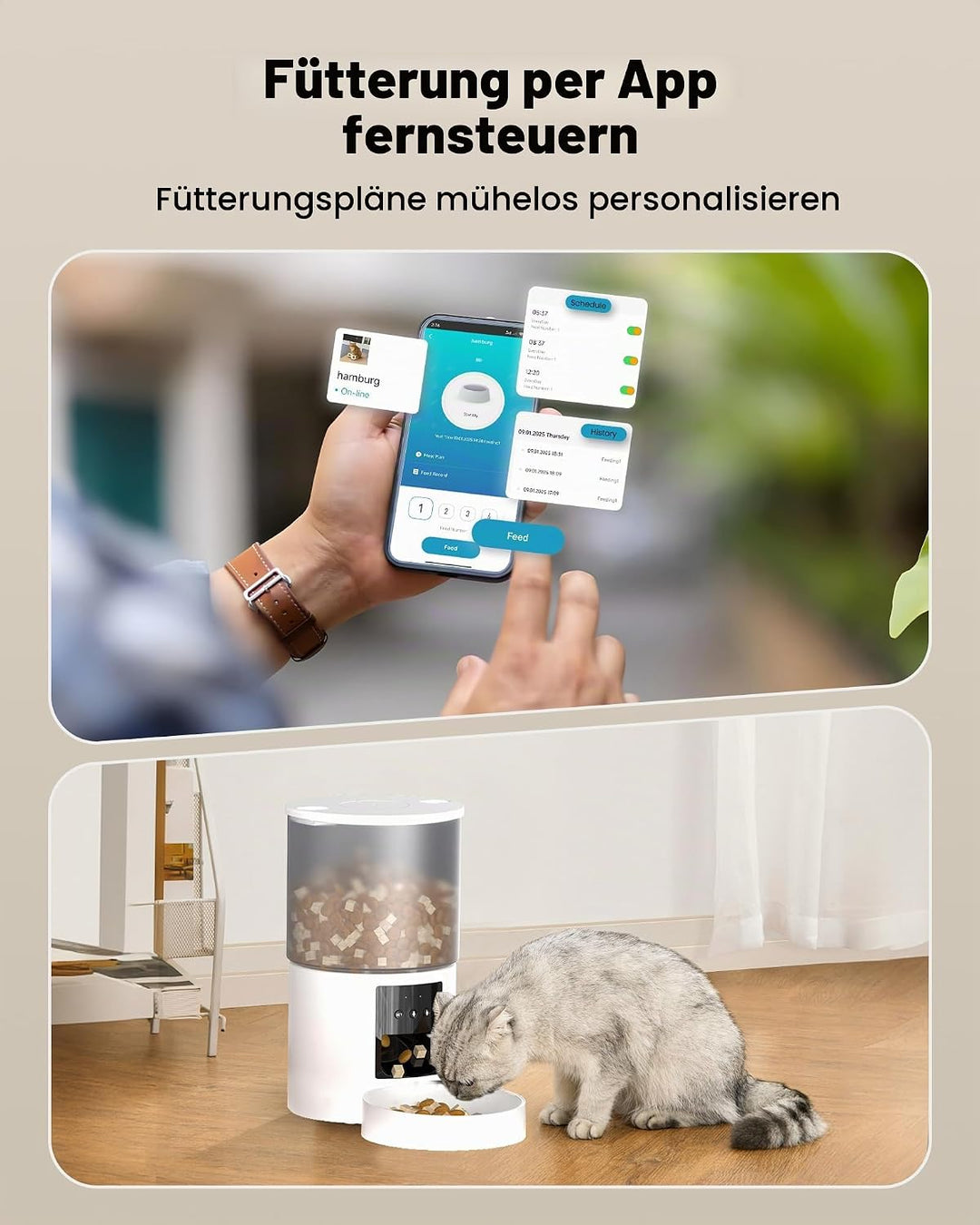Futterautomat Katze Katzenfutter Automat WiFi: Futterspender Katze mit Massgeschneidert Zeitplan - A