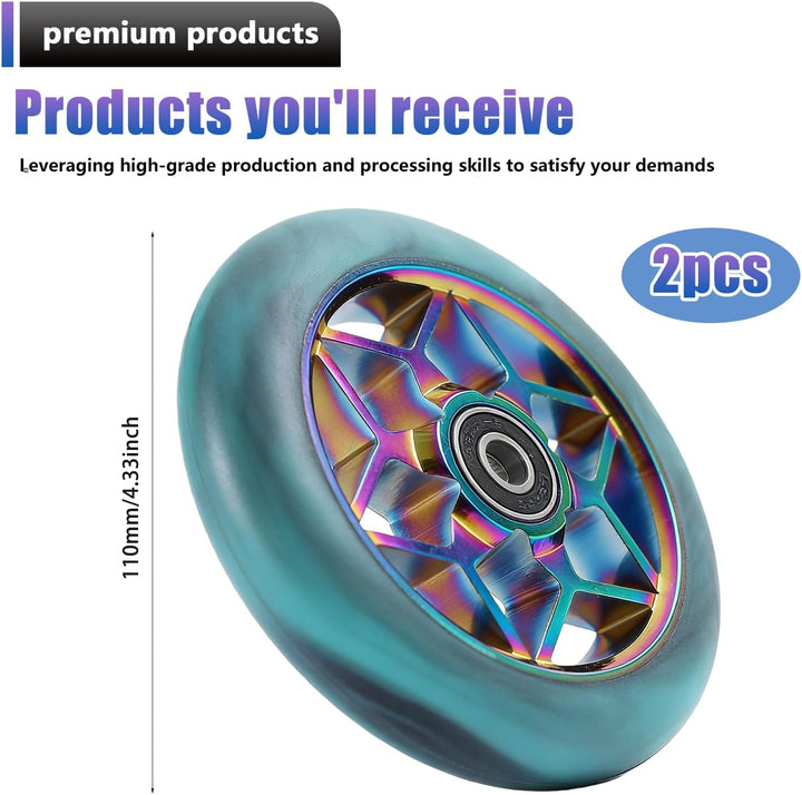 2 Stück Stunt Scooter Rollen 110mm, Scooter Ersatzräder 88A mit ABEC-9 Kugellager, Aluminium Speiche