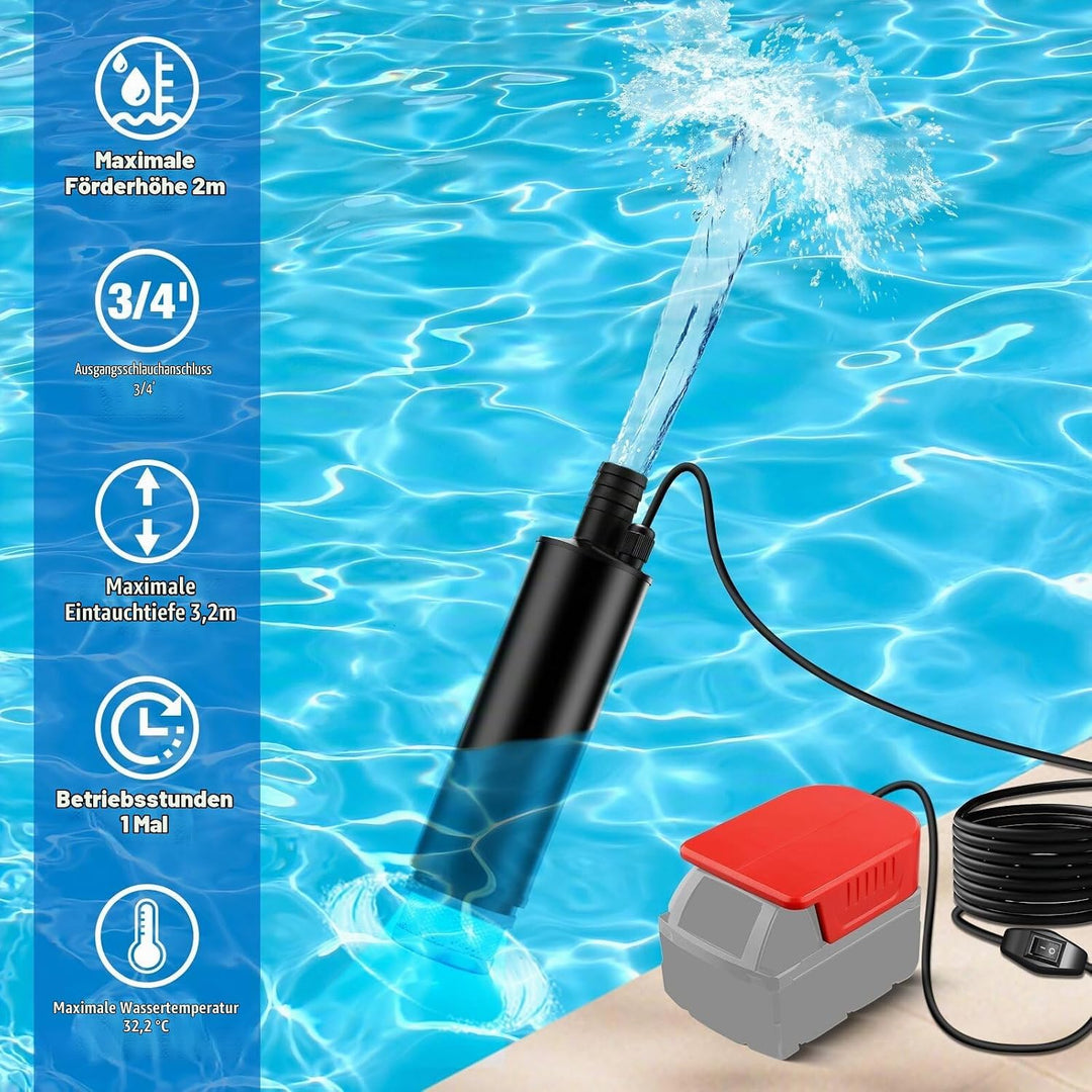 Tauchpumpe für Milwaukee 18V Akku, Mini-Wasserpumpe für M18,Absaugpumpe,Poolpumpen,Gardena,Keller,Po