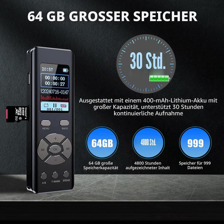 Digitales Diktiergerät mit MP3-Player, 64 GB, für Meetings, Interviews und Vorlesungen, A-B-Loop-Wie