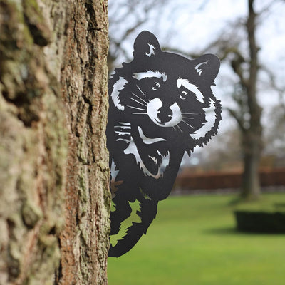 Baumstecker, Waschbär in Matt Schwarz - Gartendeko für Draussen aus wetterfestem Stahl. Schöne Garte