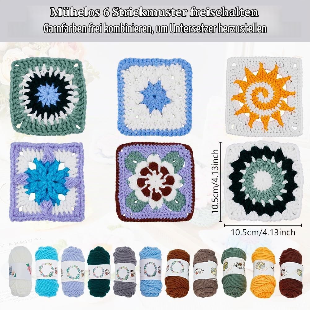 INFUNLY 6 Stil Häkel Set Für Granny Squares Für Anfänger Und Erwachsene DIY Häkelset Mit Blumenquadr