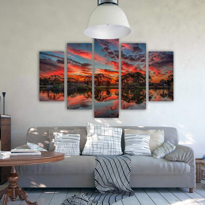 Feeby Bilder Landschaft 200x100 cm - Leinwandbild 5 Teilig XXL Kunstdruck Himmel rot Leinwandbild XX