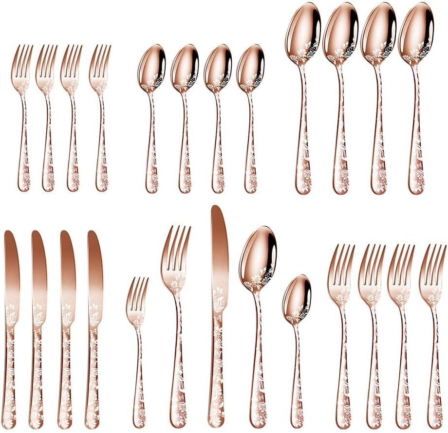 Aoresac Besteck-Set für 4 Personen, 20 Stück, aus Edelstahl, poliertes Muster, mit Blumenspiegel, in