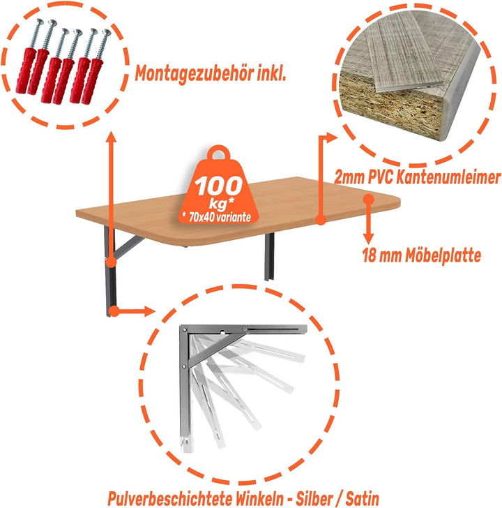Mikon Wandklapptisch mit Abgerundeten Ecken Klapptisch Esstisch Wandtisch Küchentisch Schreibtisch K