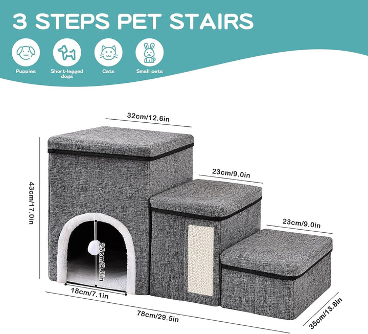 4 in 1 Faltbare Hundetreppe für Bett &amp; Sofa, 3 Stufen Haustierleiter mit Aufbewahrungsboxen, Katzenh