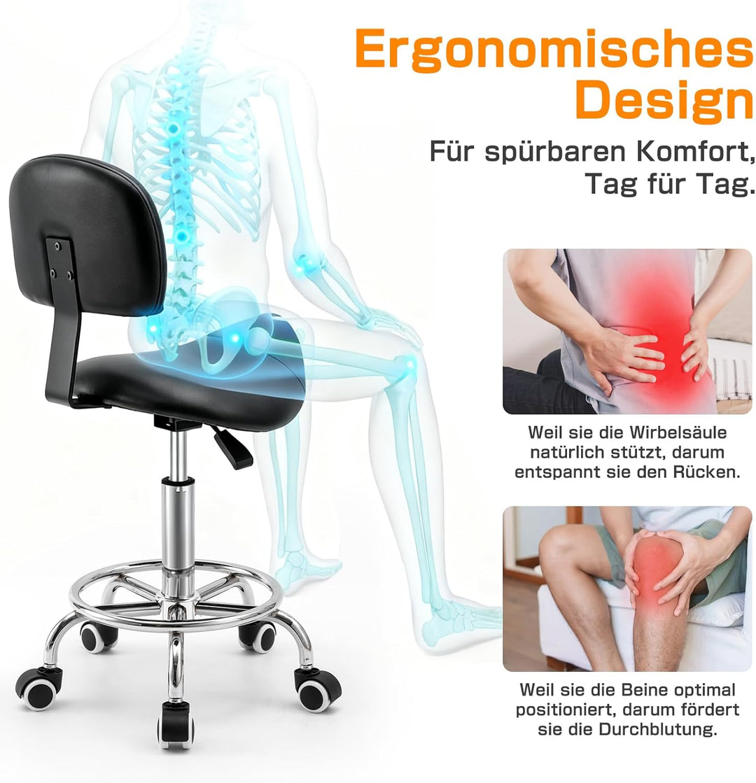 Sattelhocker mit Lehne – 360° drehbarer Hocker mit Rollen und verstellbarer Fussstütze | Sattelhocke