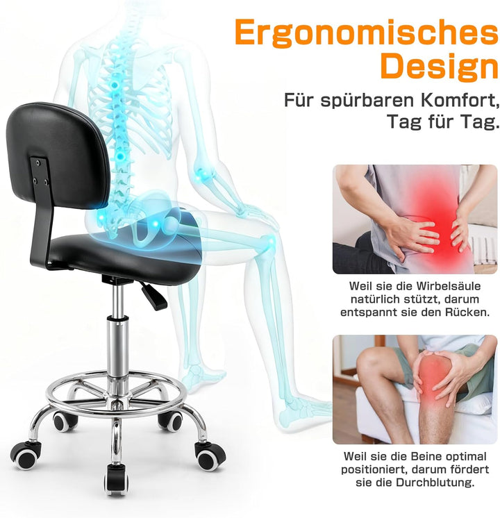 Sattelhocker mit Lehne – 360° drehbarer Hocker mit Rollen und verstellbarer Fussstütze | Sattelhocke