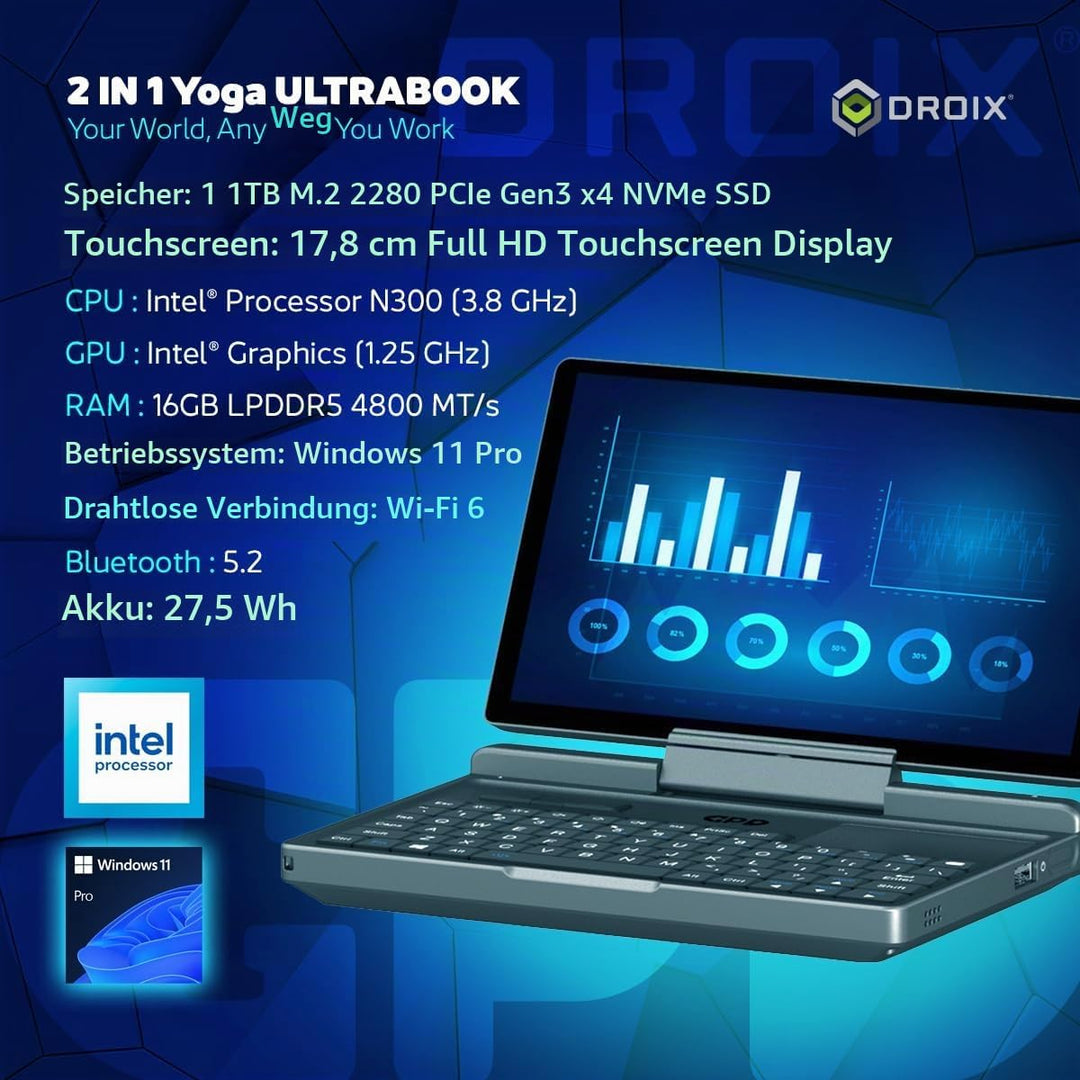 GPD MicroPC 2 Windows 11 PRO tragbarer Mini-Laptop mit 7-Zoll-1080P-Display | N300 Intel-Prozessor,