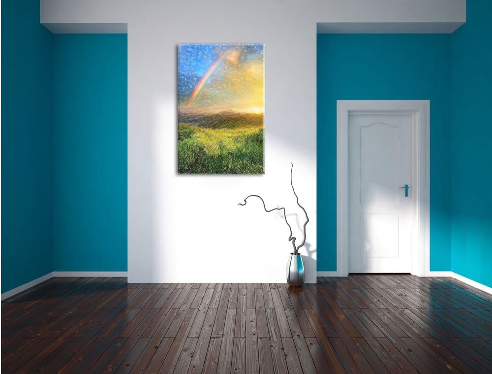 Pixxprint Berge mit Regenbogen am Himmel / 100x70cm Leinwandbild bespannt auf Holzrahmen/Wandbild Ku