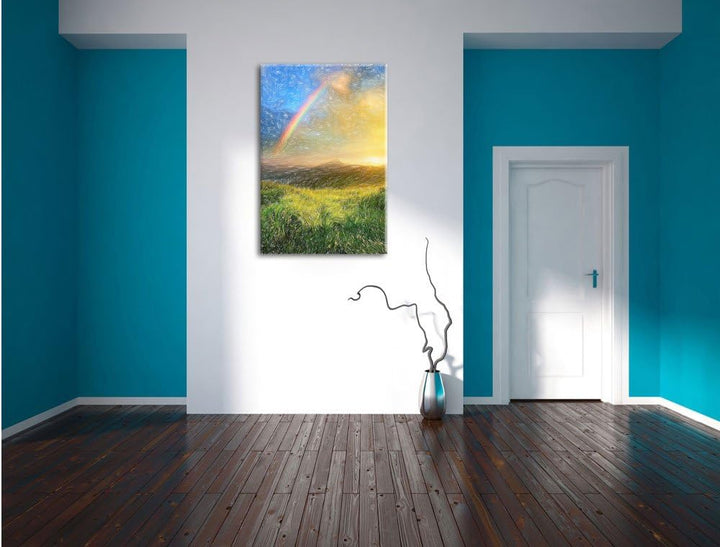 Pixxprint Berge mit Regenbogen am Himmel / 100x70cm Leinwandbild bespannt auf Holzrahmen/Wandbild Ku