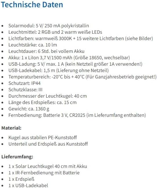 Esotec Solarkugel für den Garten Siena 40, Multicolor, 40cm, Fernbedienung, USB, 16 Leuchtfarben, Ak