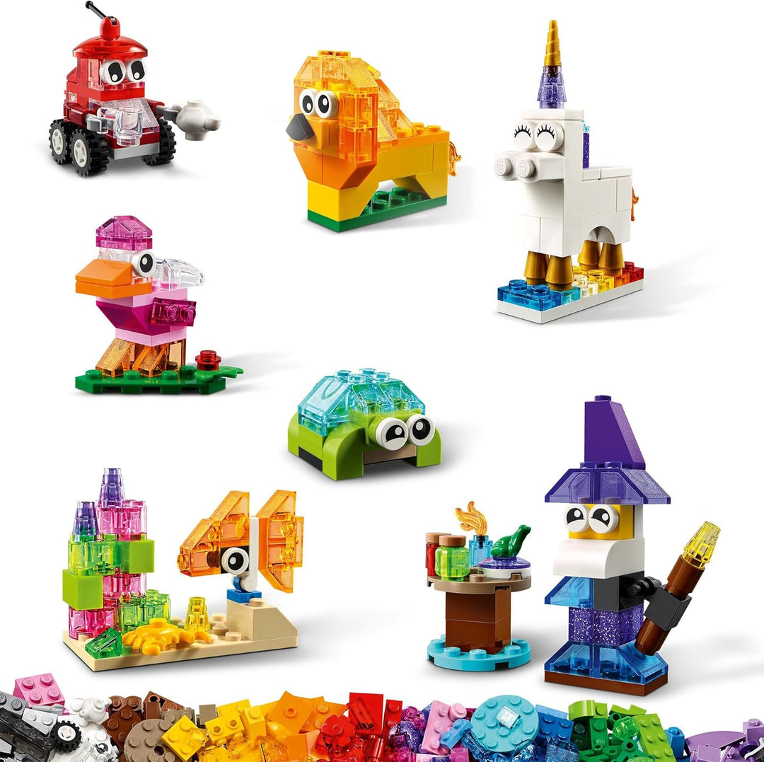 LEGO Classic Kreativ-Bauset mit durchsichtigen Steinen, mit Löwe, Vogel und Schildkröte, Konstruktio