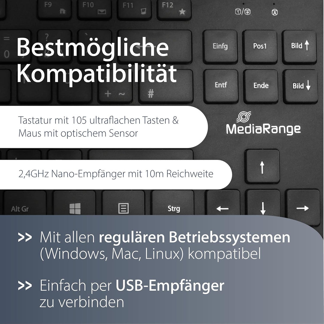 MediaRange kabelloses Funk-Tastatur und 3 Tasten Funk-Maus Set, deutsches QWERTZ Layout, PC Tastatur