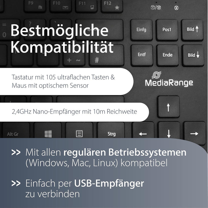MediaRange kabelloses Funk-Tastatur und 3 Tasten Funk-Maus Set, deutsches QWERTZ Layout, PC Tastatur